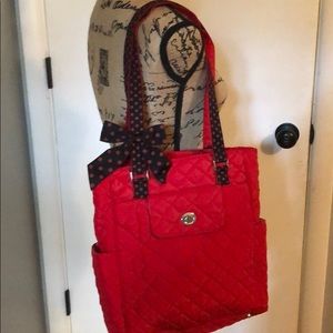 Red tote with polka dot accents